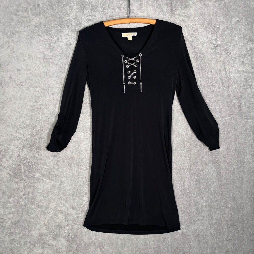 Michael Kors Black Chain Lace Up V-Neck Tunic Dress XS 3/4 Roll Tab Sleeve Basic